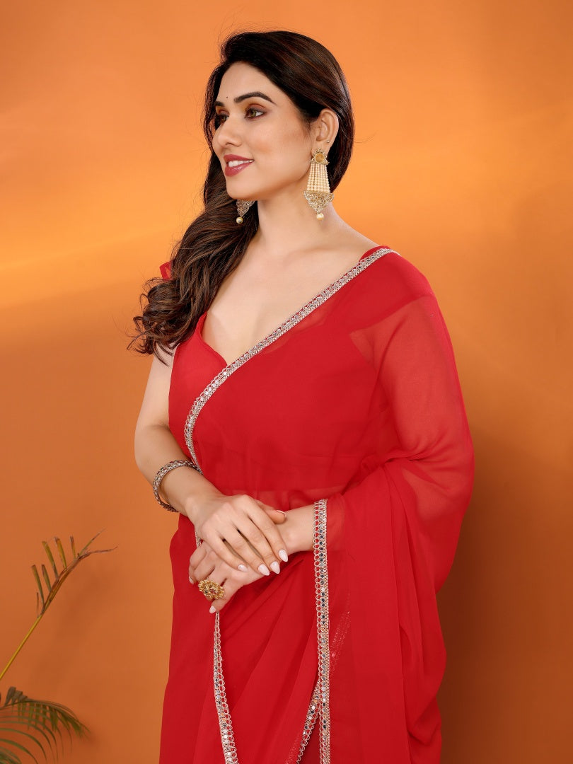 Red Georgette Silk Solid Saree with Mirror Work Lace Border & Unstitched Blouse
