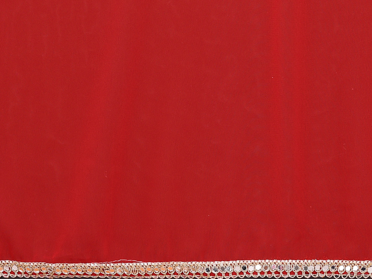 Red Georgette Silk Solid Saree with Mirror Work Lace Border & Unstitched Blouse