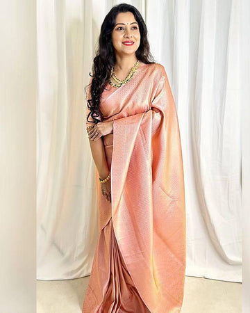Peach Rose Gold Woven Silk Blend Saree with Subtle Traditional Motifs