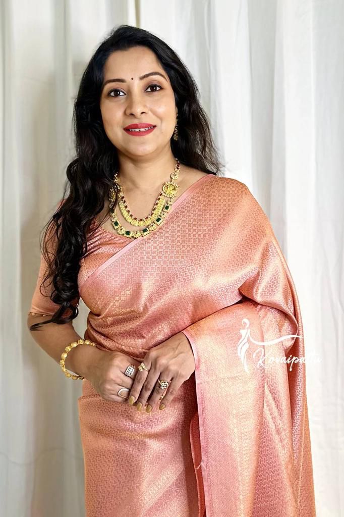 Peach Rose Gold Woven Silk Blend Saree with Subtle Traditional Motifs