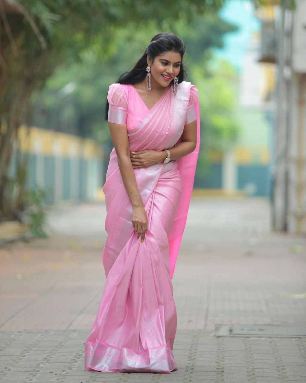 Blush Pink Soft Silk Blend Saree with Silver Woven Border