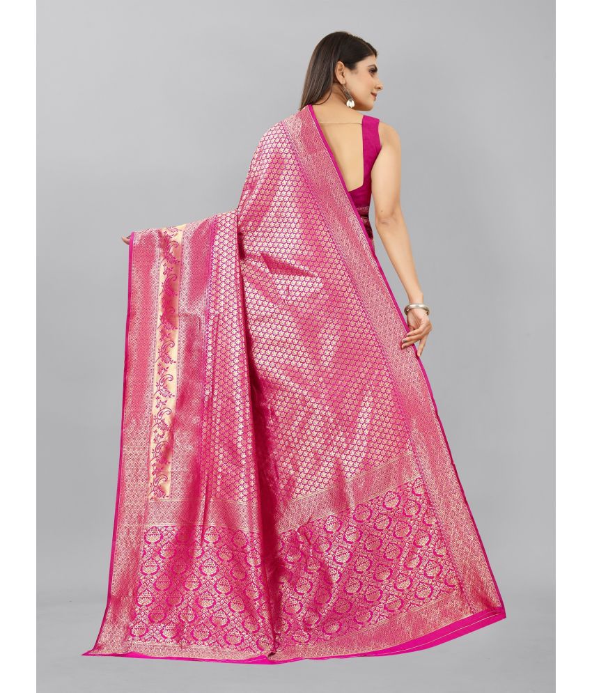 Rani Pink Banarasi-Style Silk Blend Saree with Gold Zari Woven Border