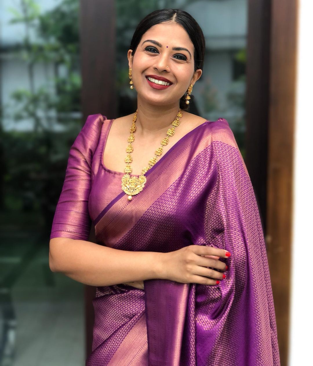 Royal Purple Woven Silk Blend Saree with Rose Gold Border and Tasselled Pallu