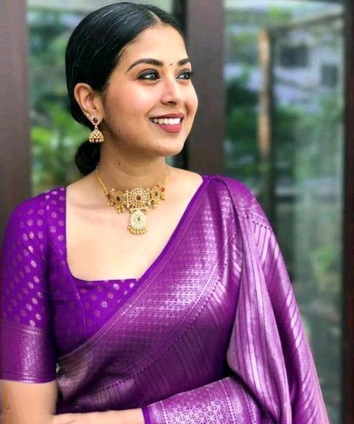 Royal Purple Woven Silk Blend Saree with Silver Zari Geometric Design
