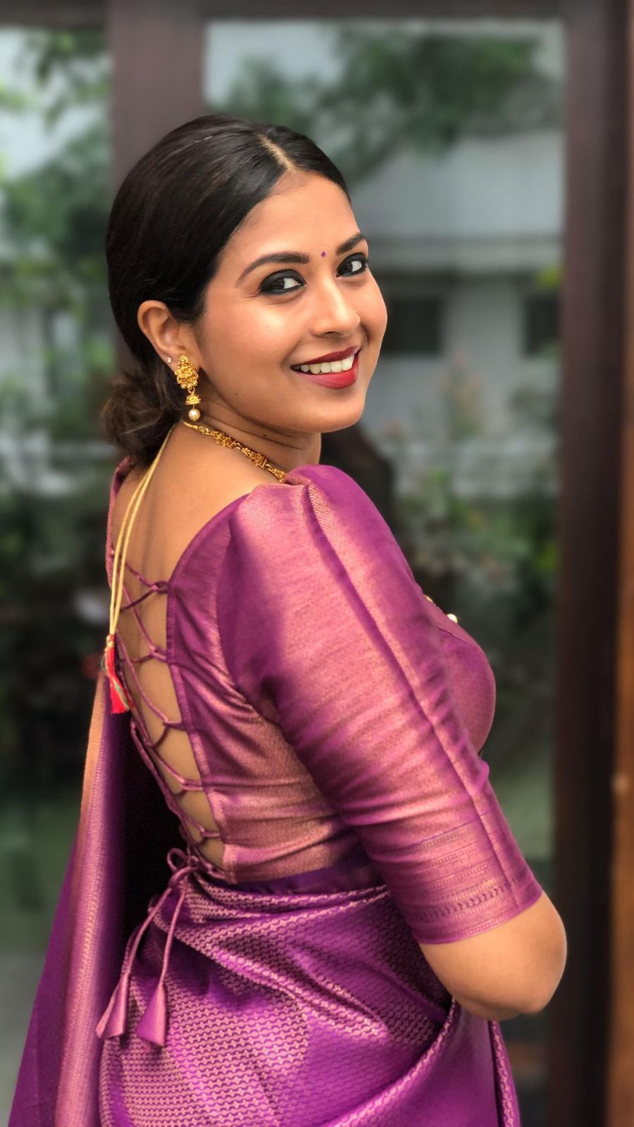 Royal Purple Woven Silk Blend Saree with Rose Gold Border and Tasselled Pallu