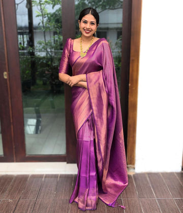 Royal Purple Woven Silk Blend Saree with Rose Gold Border and Tasselled Pallu