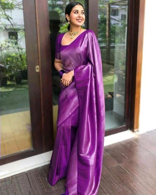 Royal Purple Woven Silk Blend Saree with Silver Zari Geometric Design