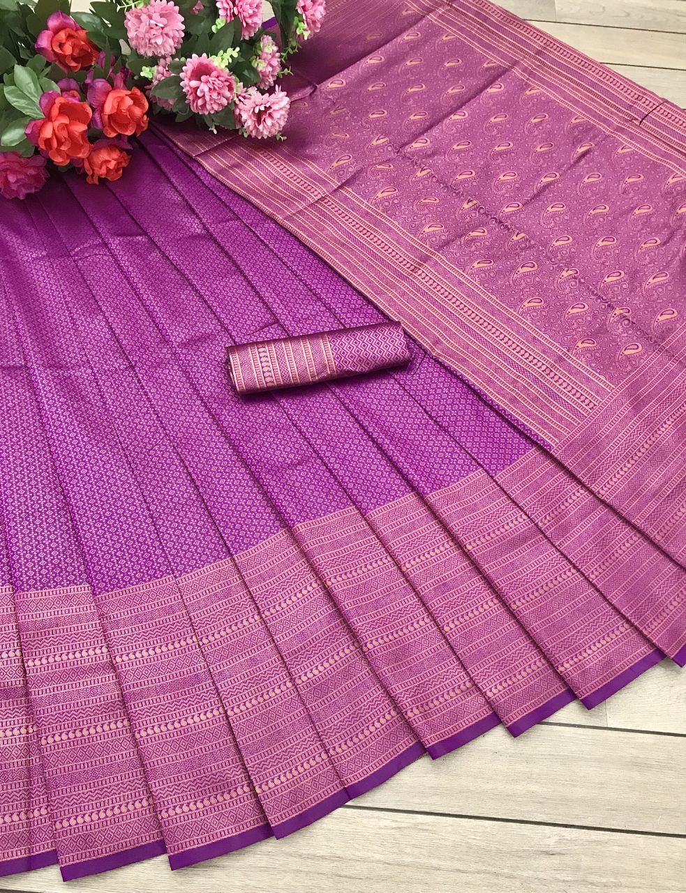 Royal Purple Woven Silk Blend Saree with Rose Gold Border and Tasselled Pallu