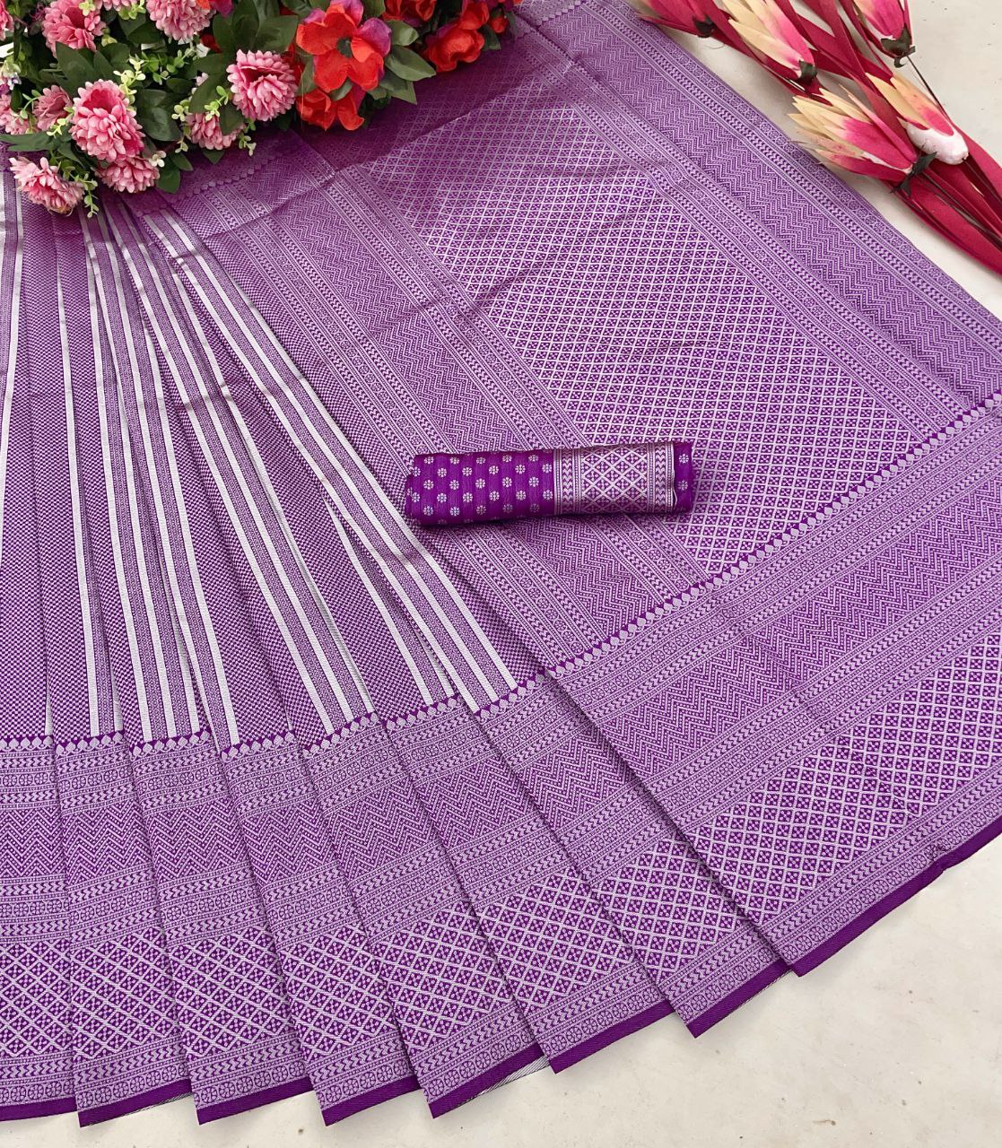 Royal Purple Woven Silk Blend Saree with Silver Zari Geometric Design