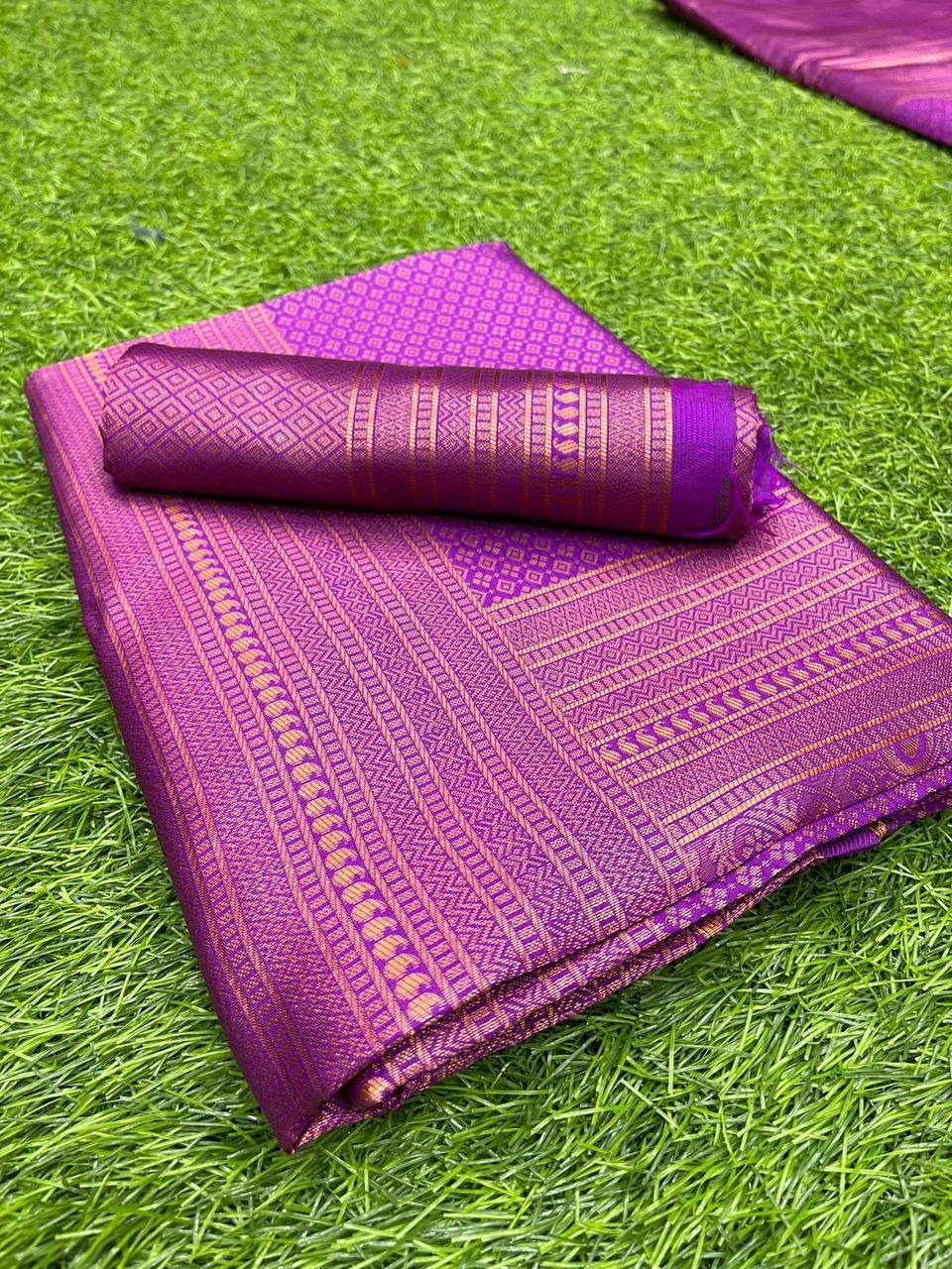 Royal Purple Woven Silk Blend Saree with Rose Gold Border and Tasselled Pallu