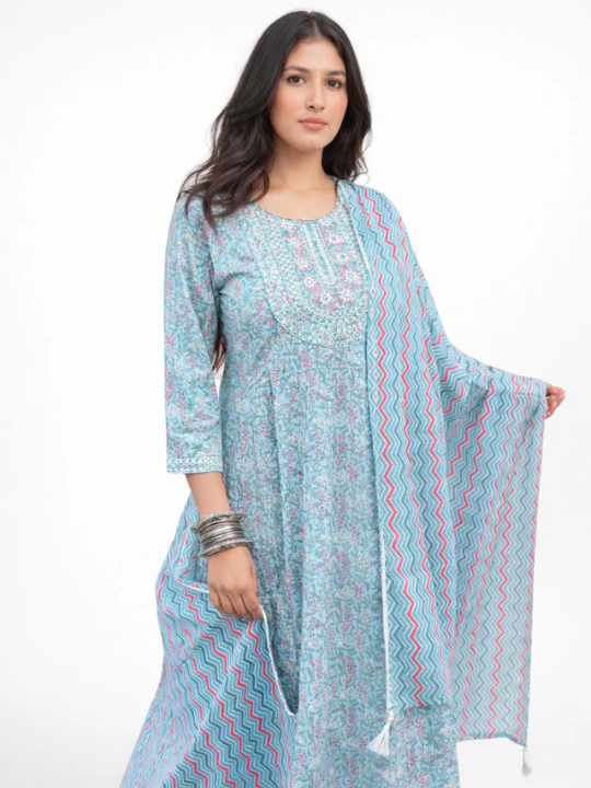 Pastel Mint Printed Flared Anarkali Set With Dupatta