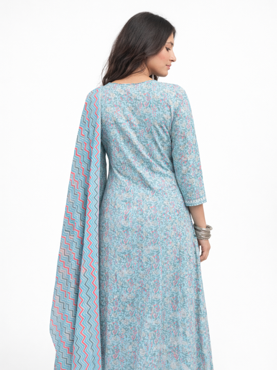 Pastel Mint Printed Flared Anarkali Set With Dupatta