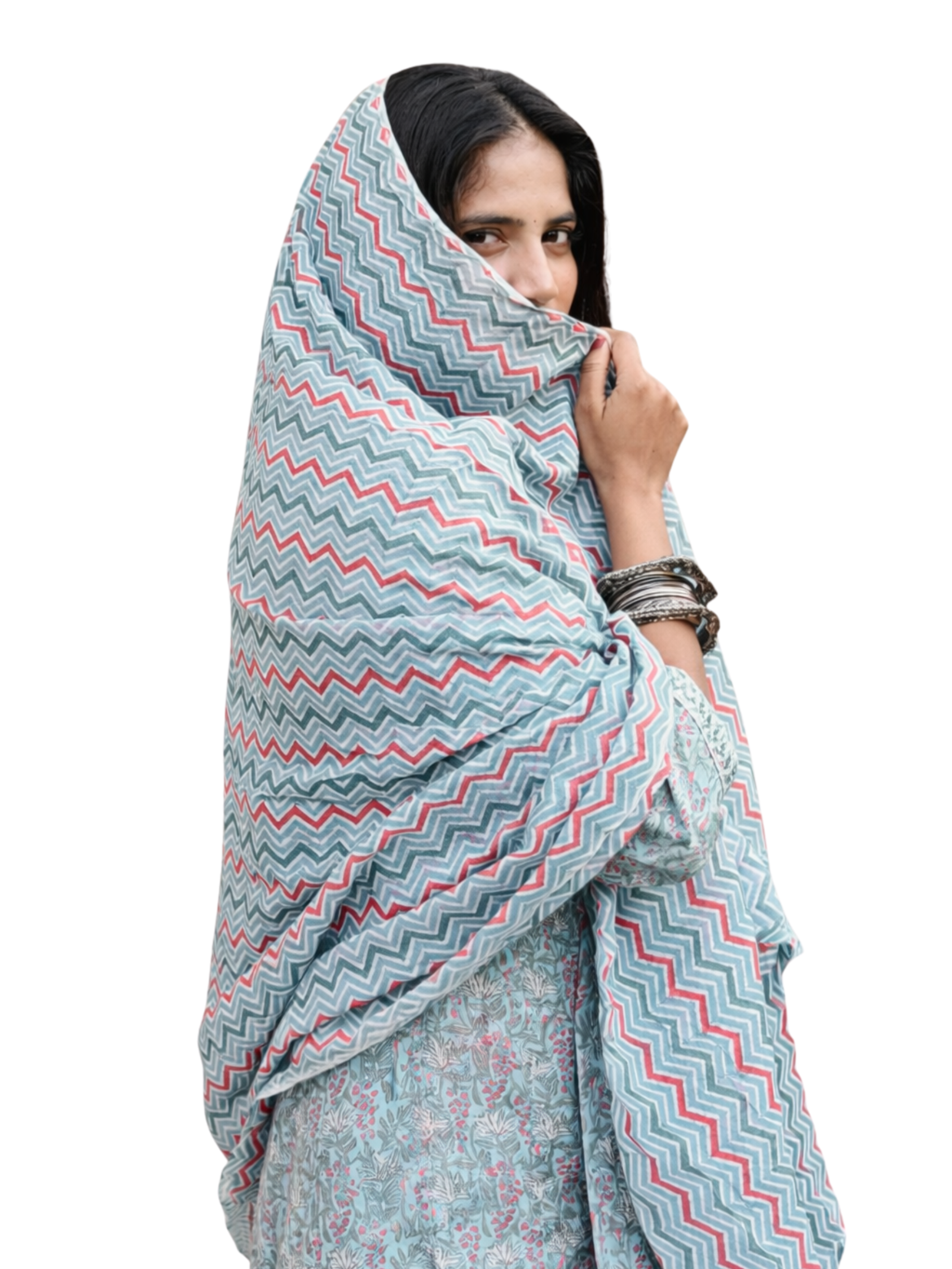 Pastel Mint Printed Flared Anarkali Set With Dupatta