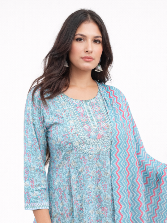 Pastel Mint Printed Flared Anarkali Set With Dupatta