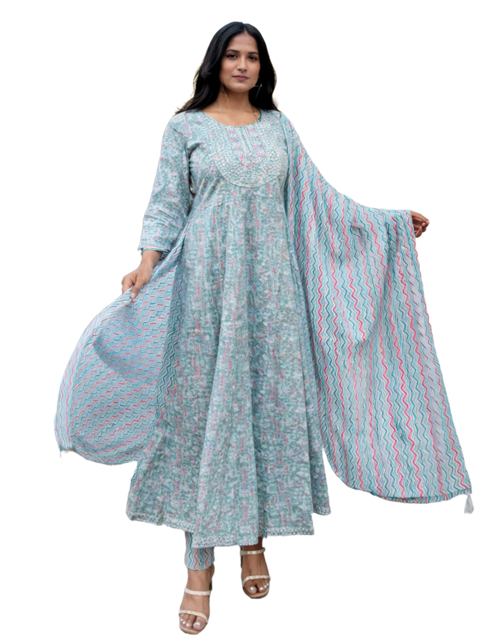 Pastel Mint Printed Flared Anarkali Set With Dupatta