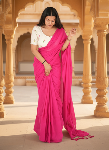 Pink Khadi Cotton Saree with Embroidered & Stitched Blouse