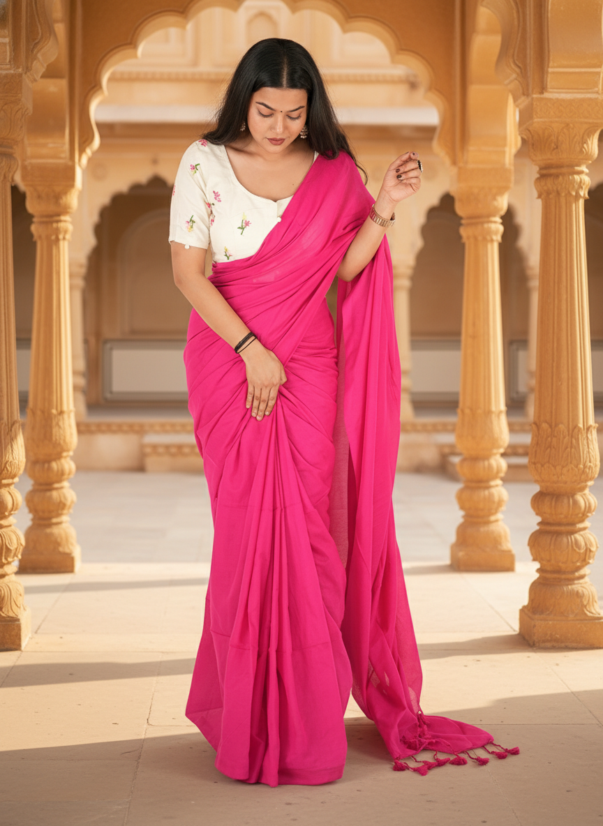 Pink Khadi Cotton Saree with Embroidered & Stitched Blouse