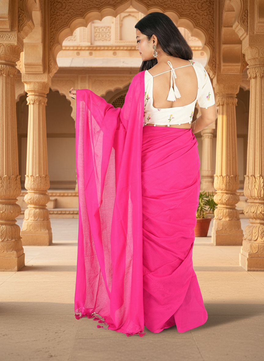 Pink Khadi Cotton Saree with Embroidered & Stitched Blouse