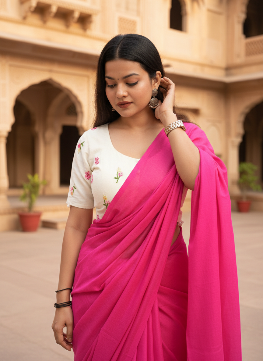 Pink Khadi Cotton Saree with Embroidered & Stitched Blouse
