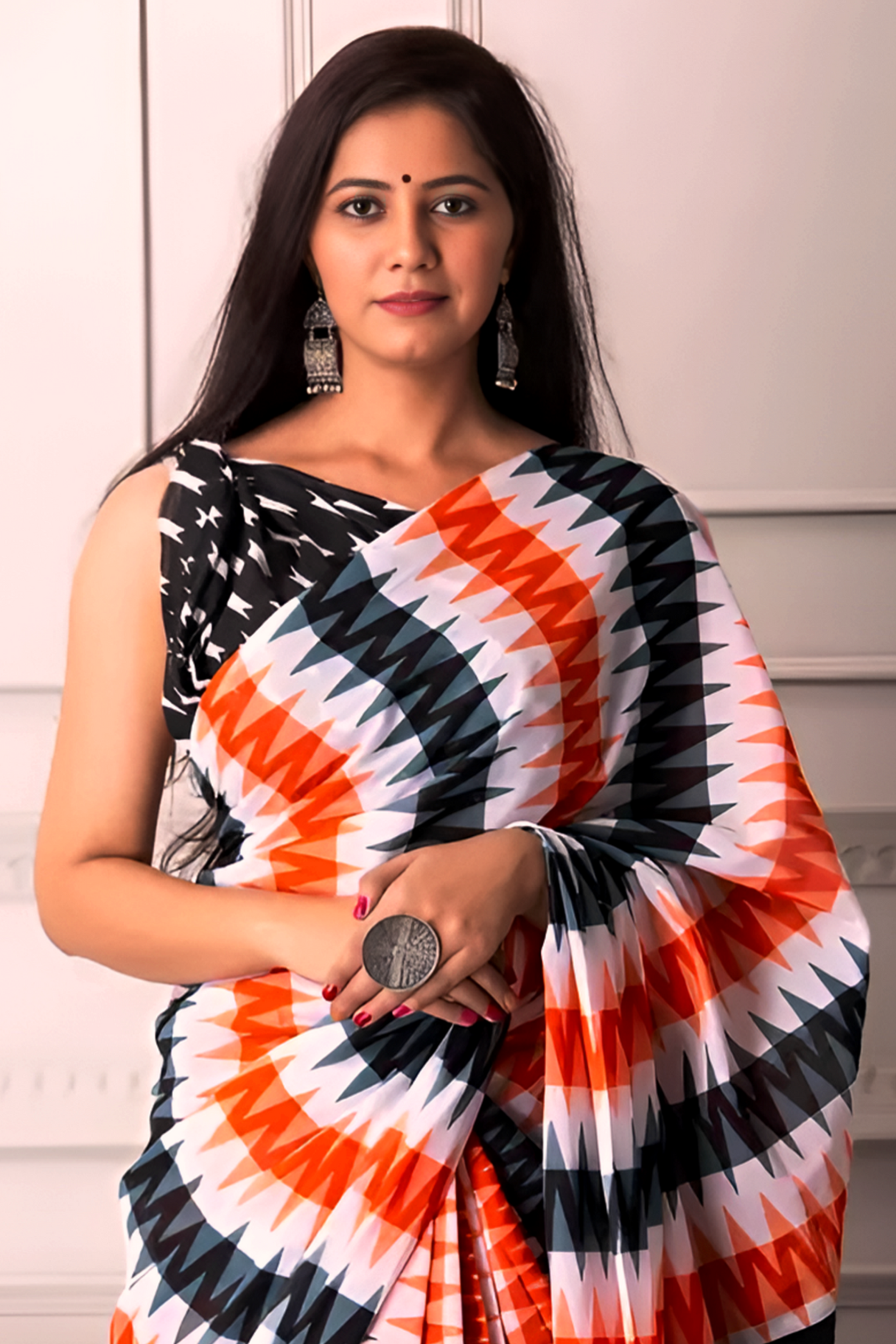 Bold Geometric Printed Saree – Black, White & Orange Statement Drape