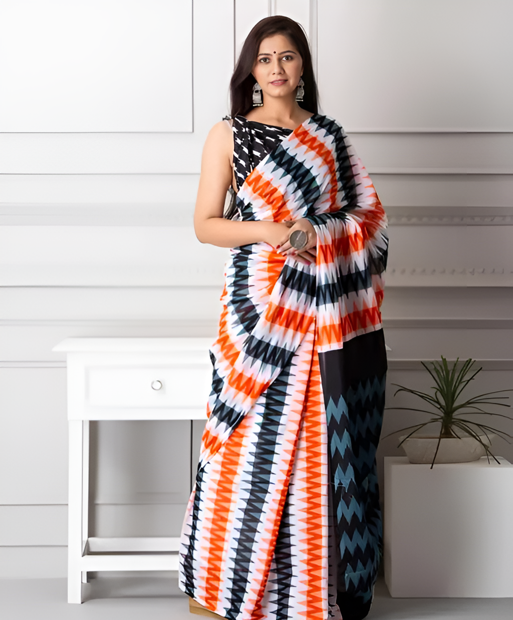 Bold Geometric Printed Saree – Black, White & Orange Statement Drape