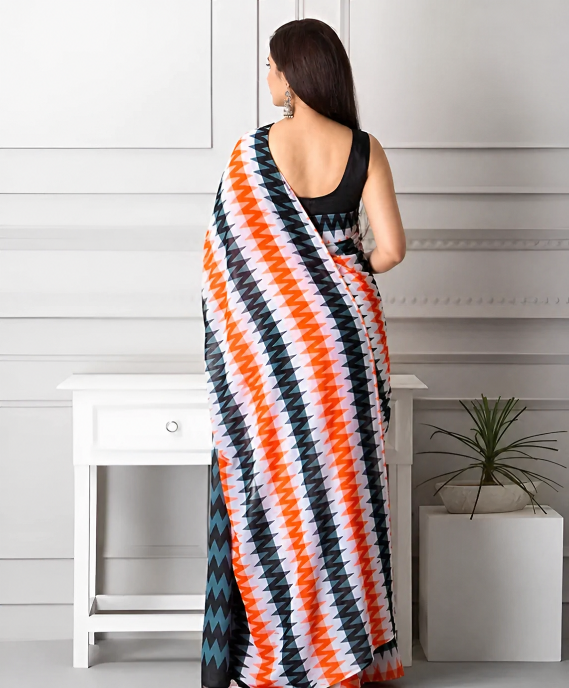 Bold Geometric Printed Saree – Black, White & Orange Statement Drape