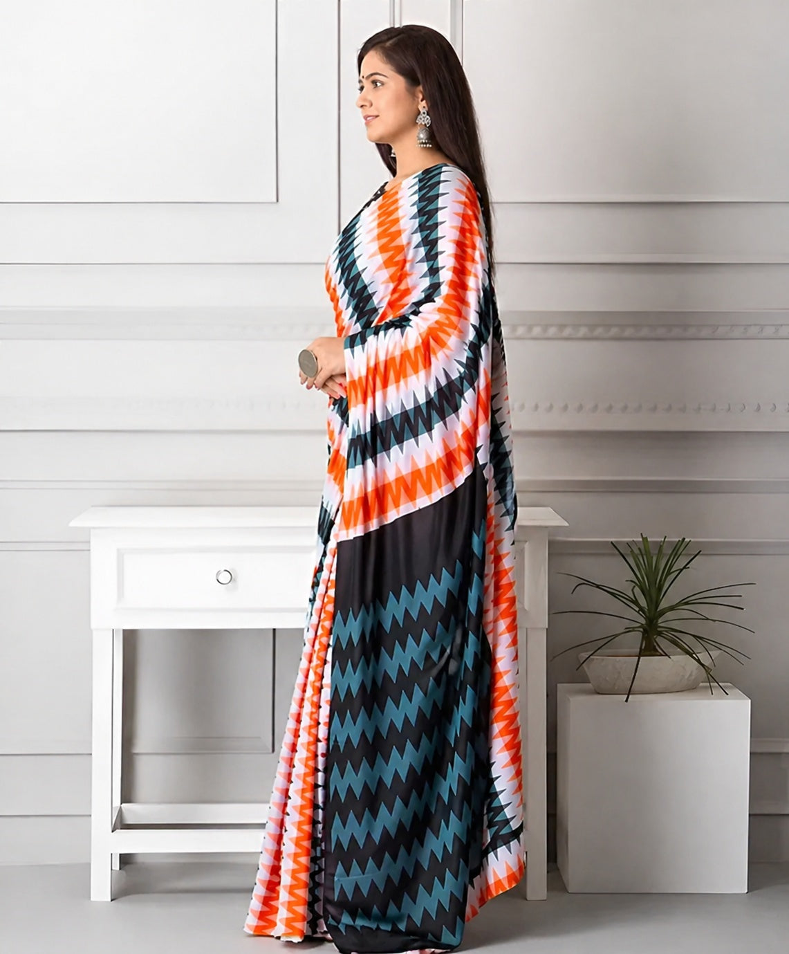 Bold Geometric Printed Saree – Black, White & Orange Statement Drape