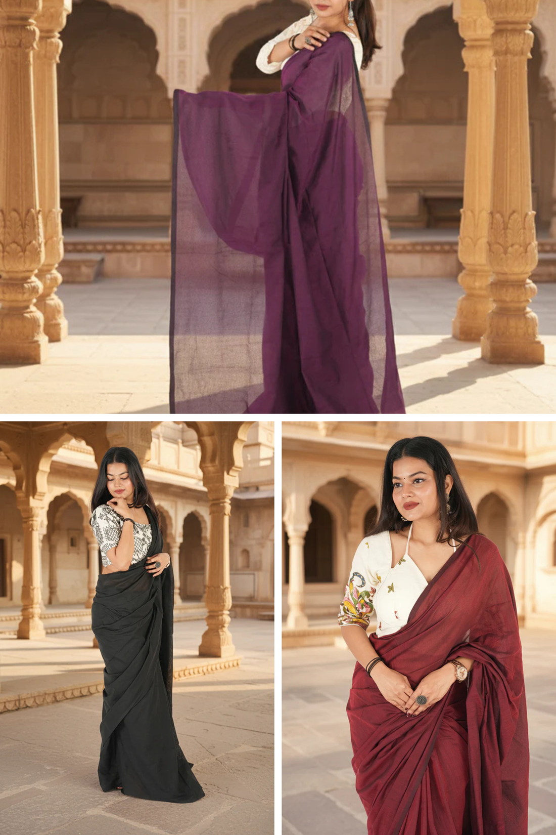 Three women wearing different colored sarees in an architectural setting.