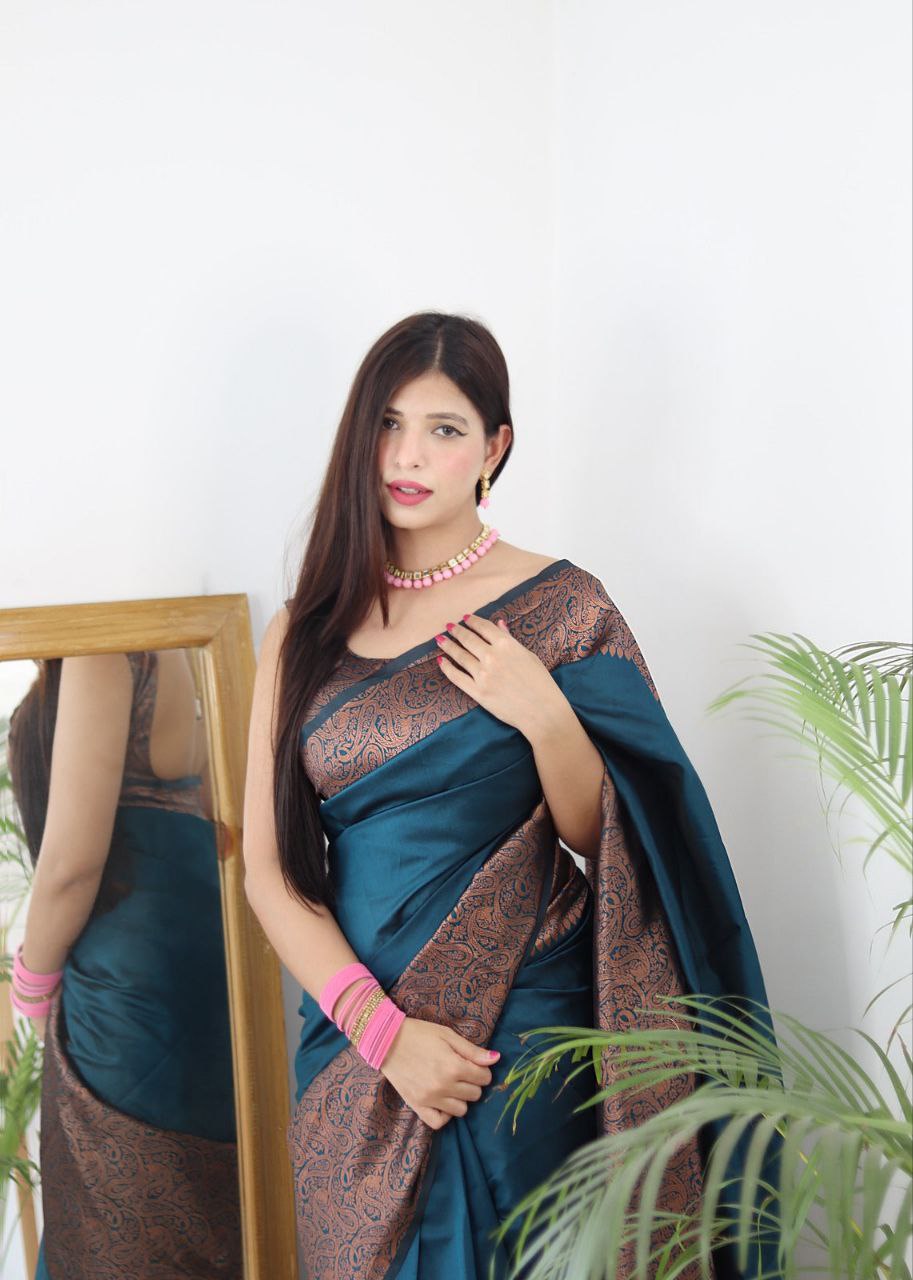 Rama Green Silk Blend Saree with Copper Paisley Woven Border