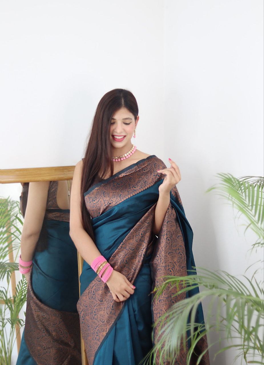 Rama Green Silk Blend Saree with Copper Paisley Woven Border