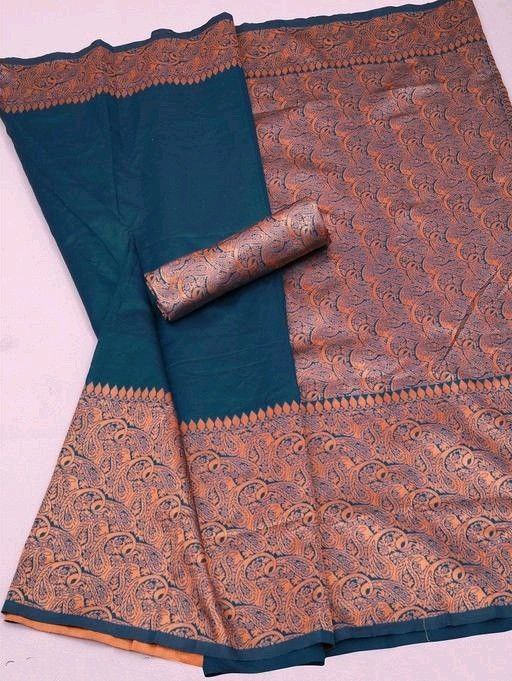 Rama Green Silk Blend Saree with Copper Paisley Woven Border