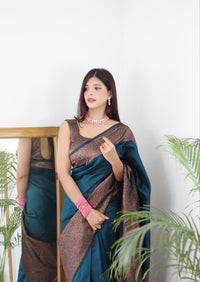 Rama Green Silk Blend Saree with Copper Paisley Woven Border