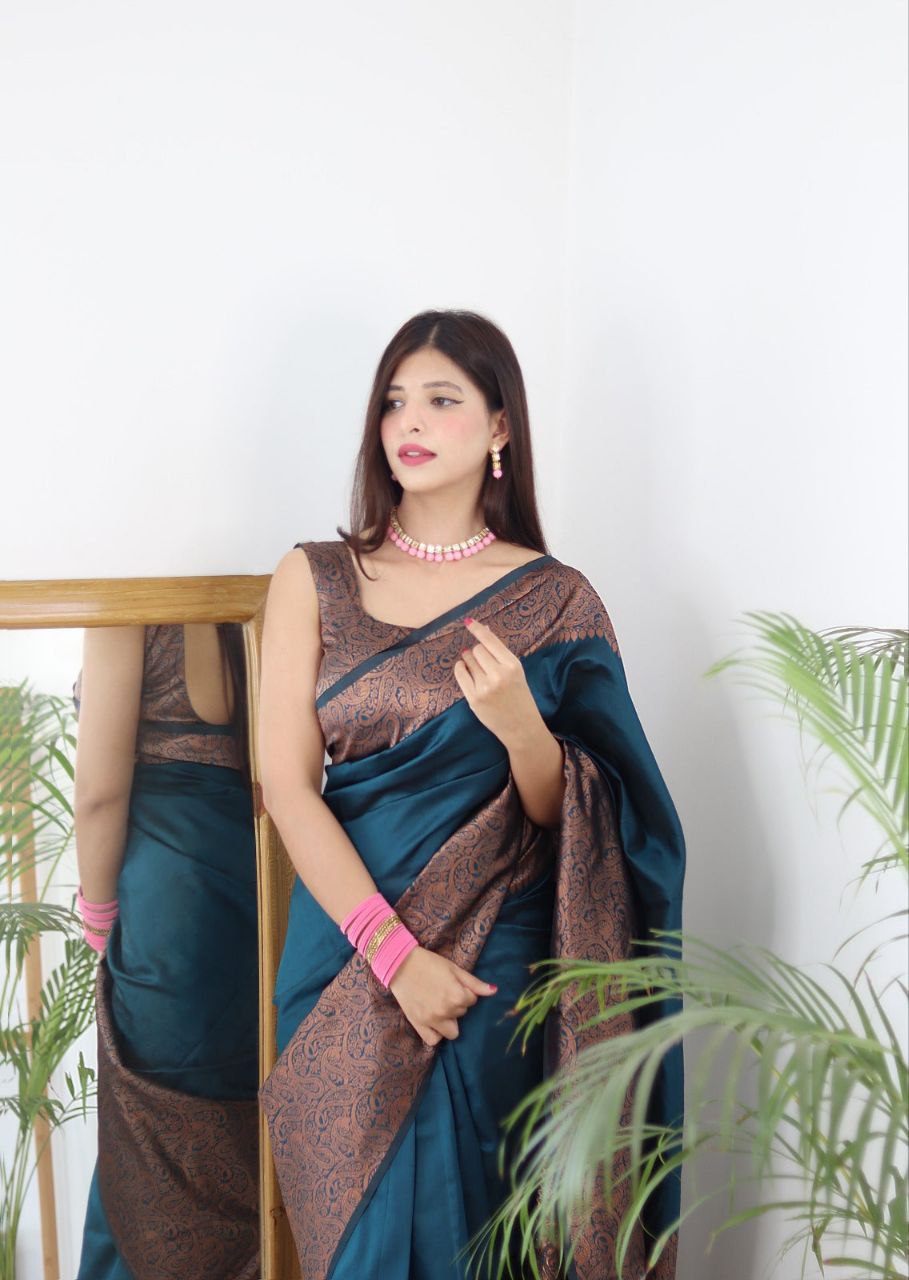 Rama Green Silk Blend Saree with Copper Paisley Woven Border