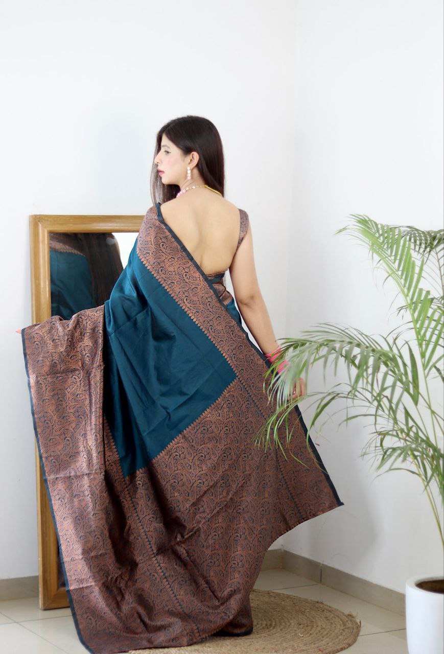 Rama Green Silk Blend Saree with Copper Paisley Woven Border