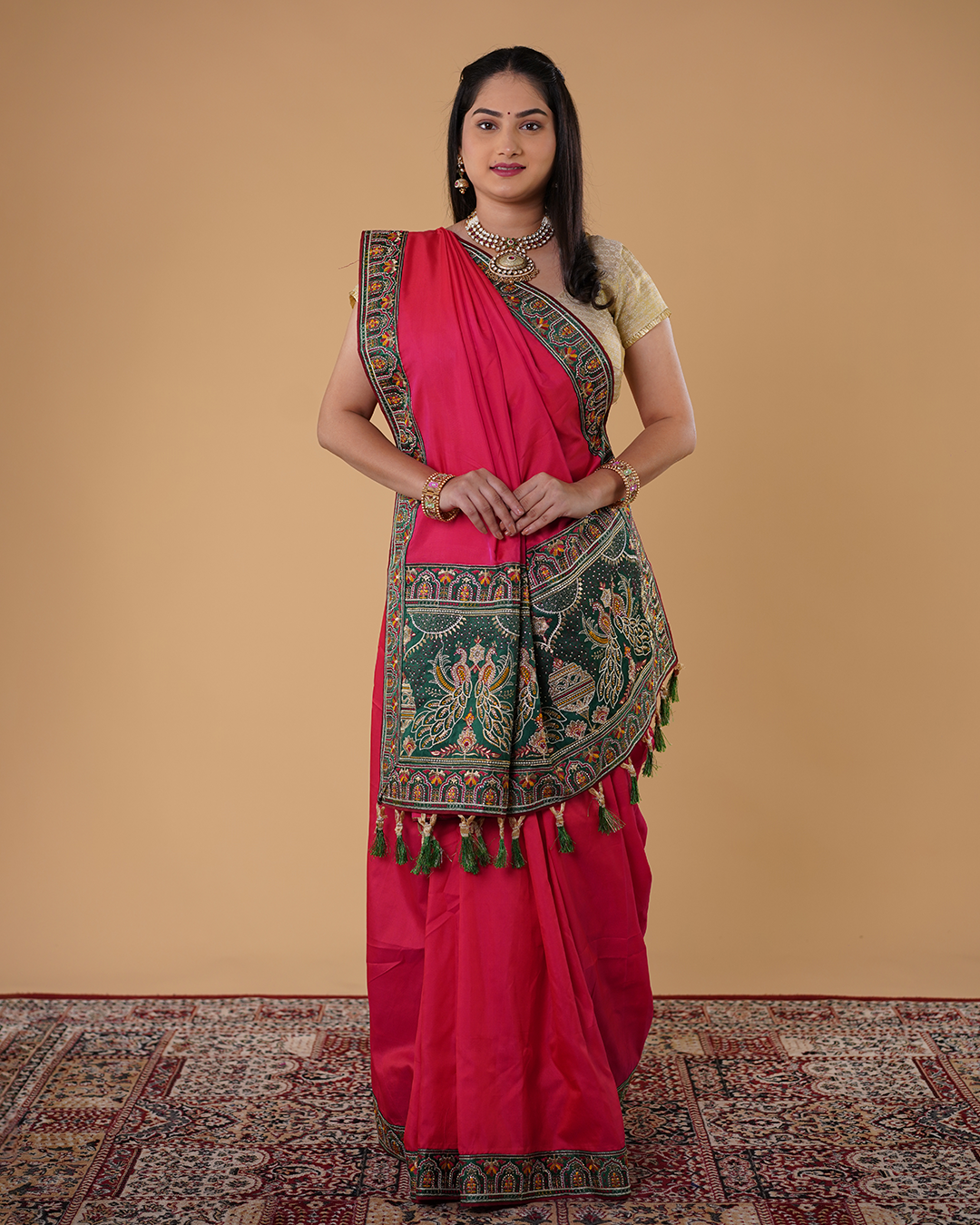 Traditional Saree with Green Peacock Pallu & Embroidered Border