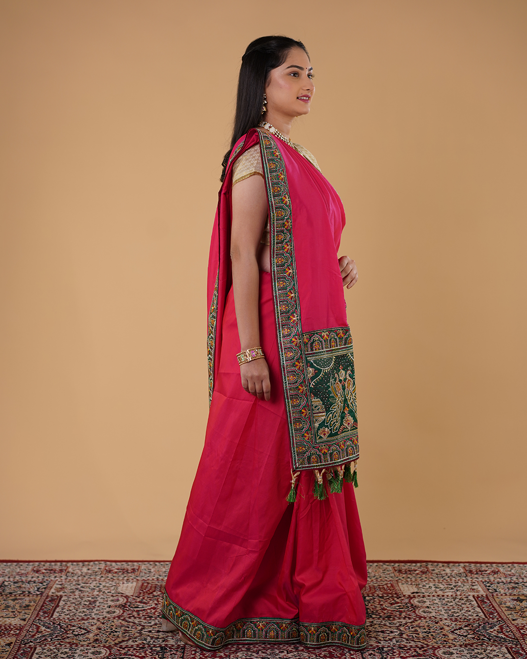 Traditional Saree with Green Peacock Pallu & Embroidered Border