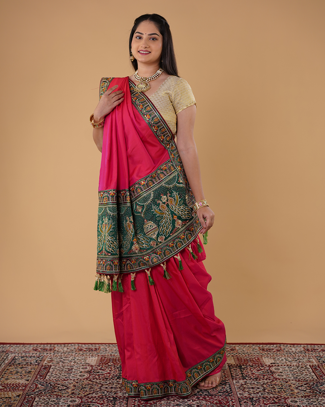 Traditional Saree with Green Peacock Pallu & Embroidered Border