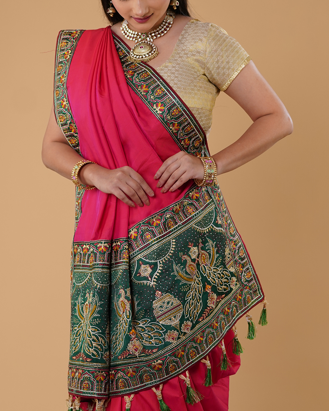 Traditional Saree with Green Peacock Pallu & Embroidered Border