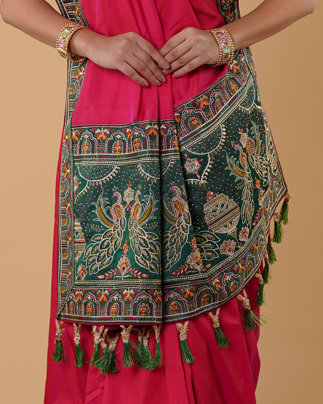 Traditional Saree with Green Peacock Pallu & Embroidered Border