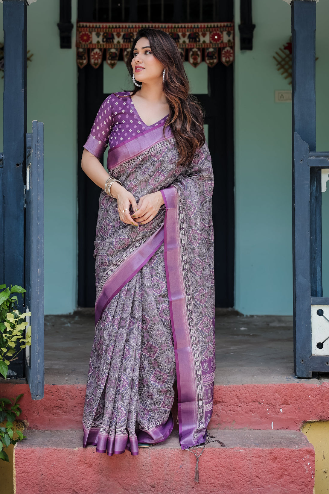 Royal Lavender Printed Linen Saree with Elegant Border