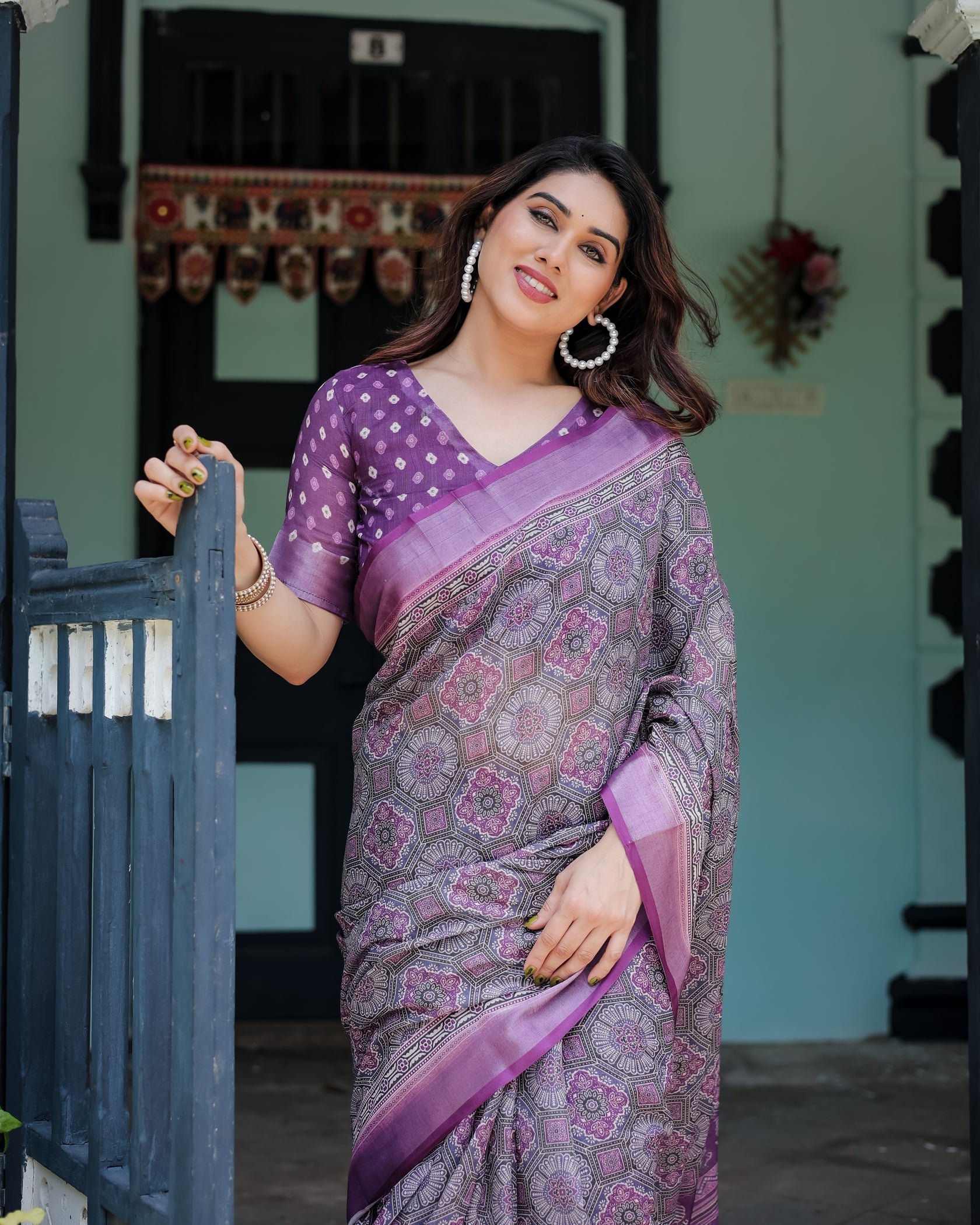 Royal Lavender Printed Linen Saree with Elegant Border