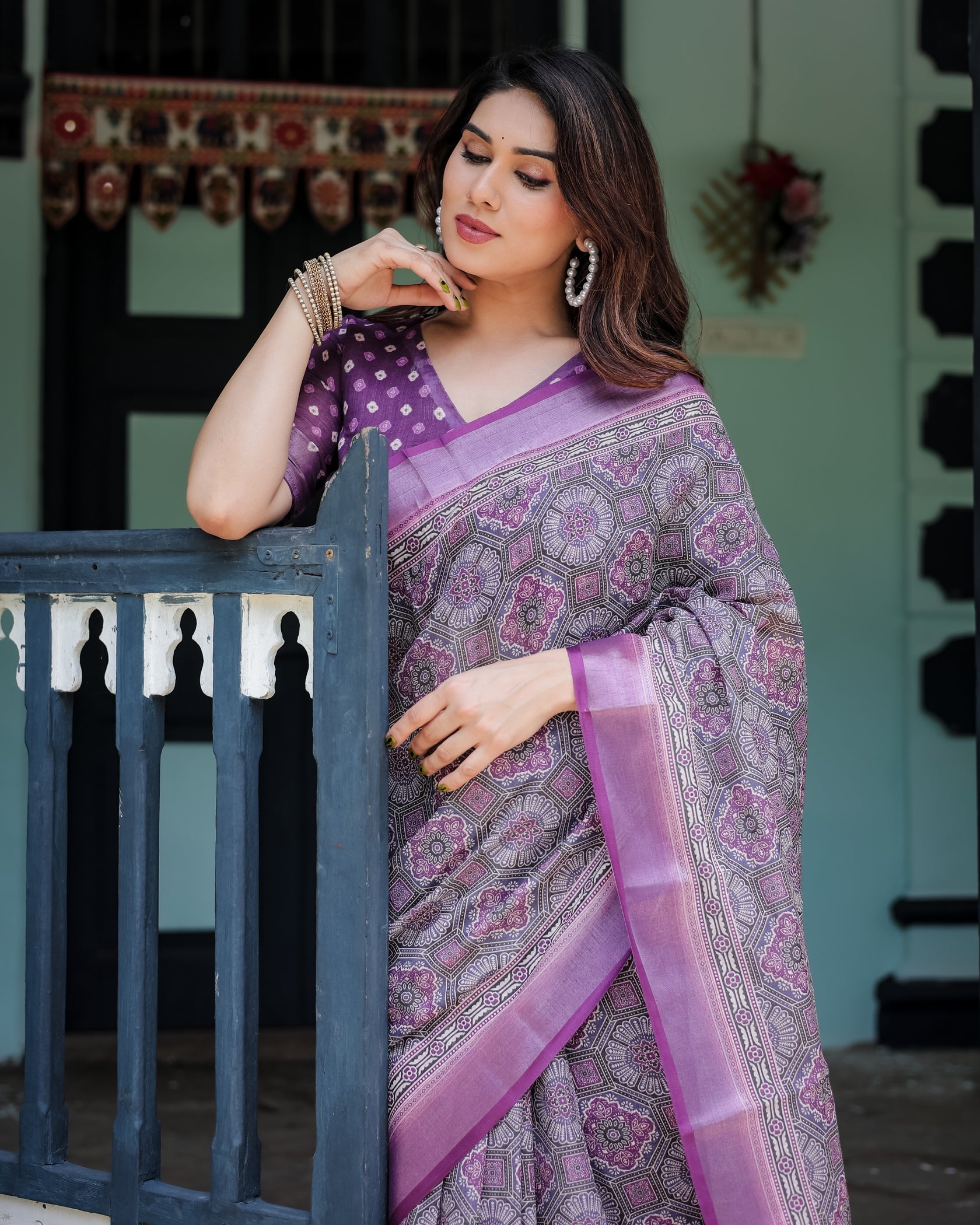Royal Lavender Printed Linen Saree with Elegant Border