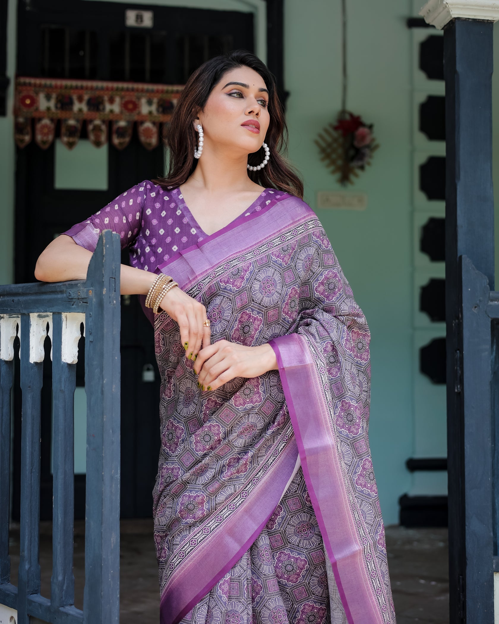 Royal Lavender Printed Linen Saree with Elegant Border