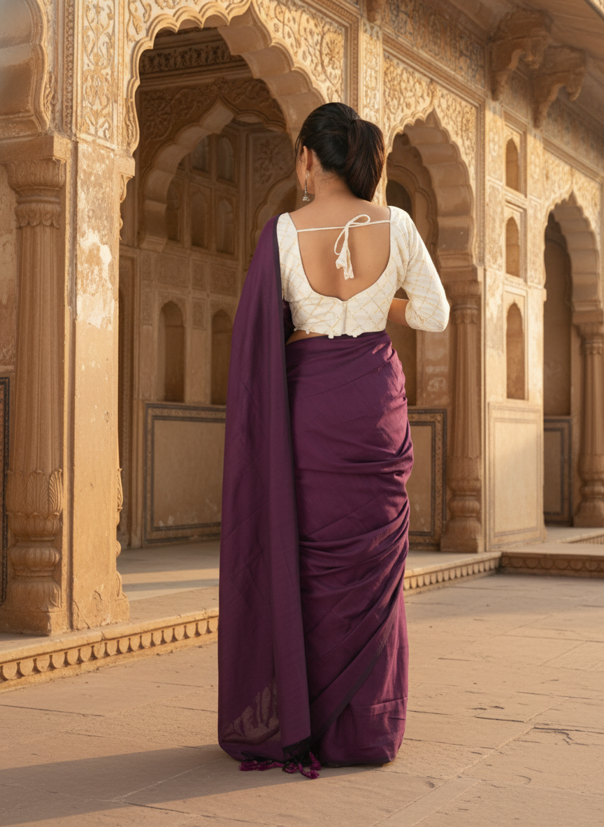 Royal Plum Khadi Cotton Saree with Embroidered & Stitched Blouse