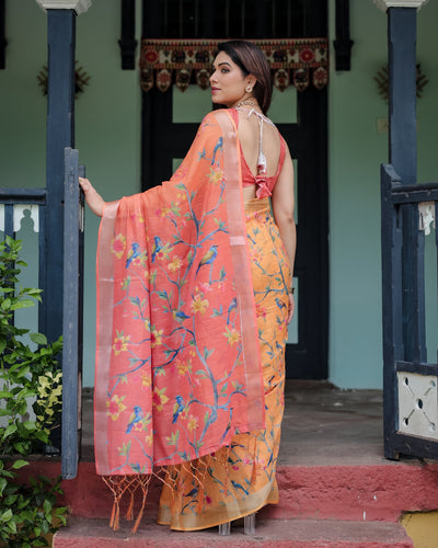Rustic Bloom Printed Linen Saree in Peach Orange with Contrast Pallu