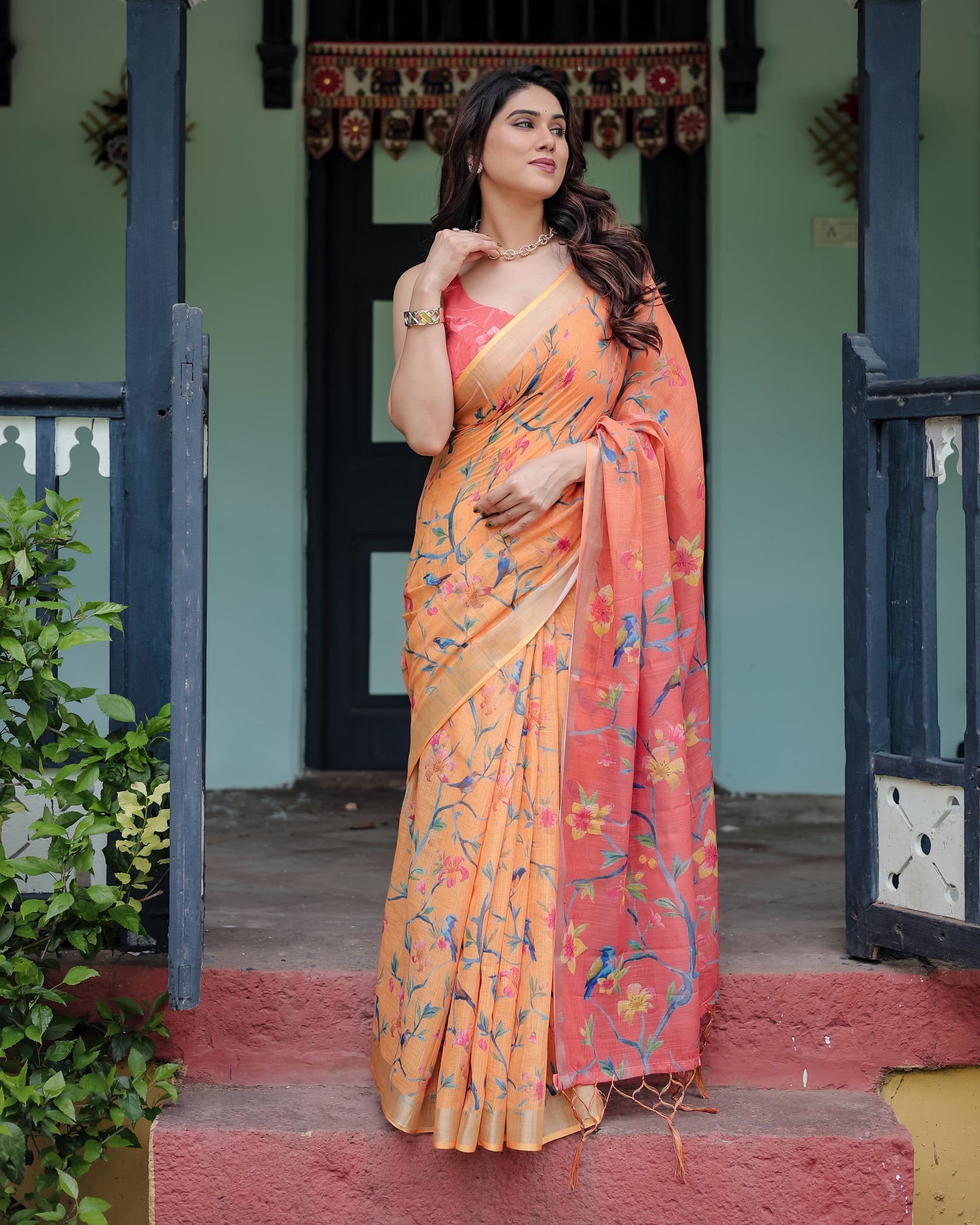 Rustic Bloom Printed Linen Saree in Peach Orange with Contrast Pallu