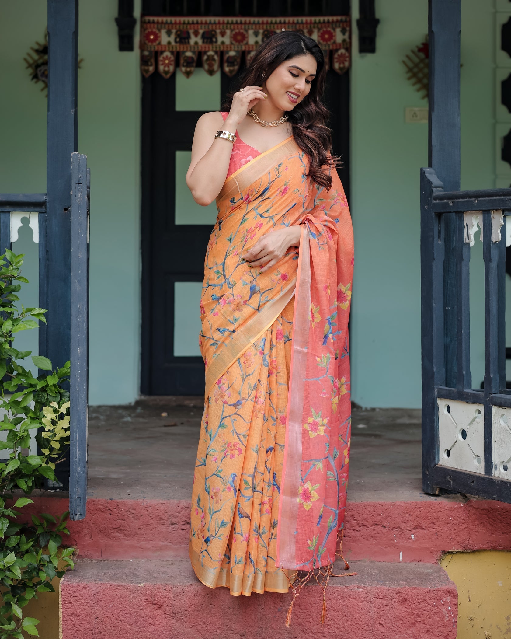 Rustic Bloom Printed Linen Saree in Peach Orange with Contrast Pallu