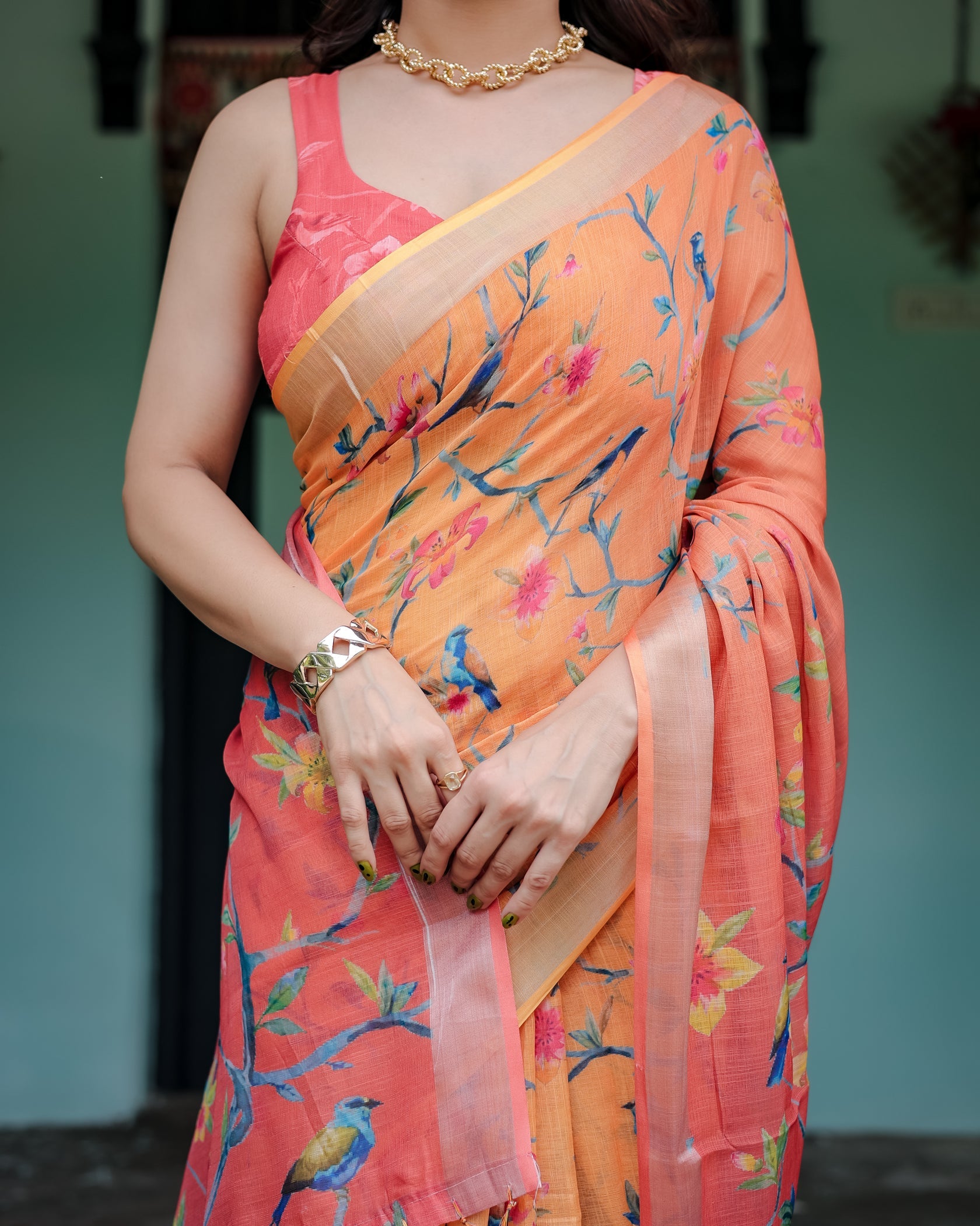 Rustic Bloom Printed Linen Saree in Peach Orange with Contrast Pallu
