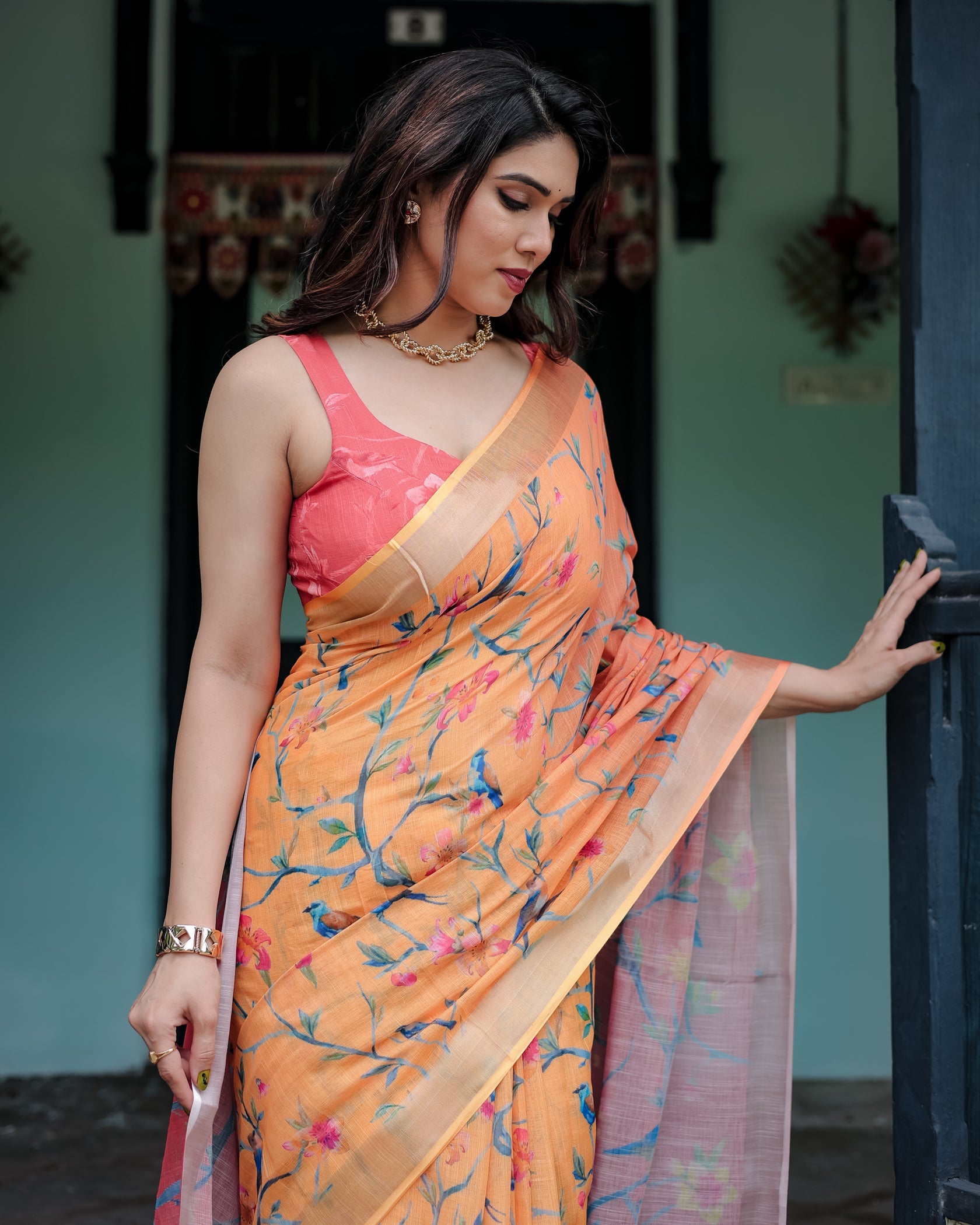 Rustic Bloom Printed Linen Saree in Peach Orange with Contrast Pallu