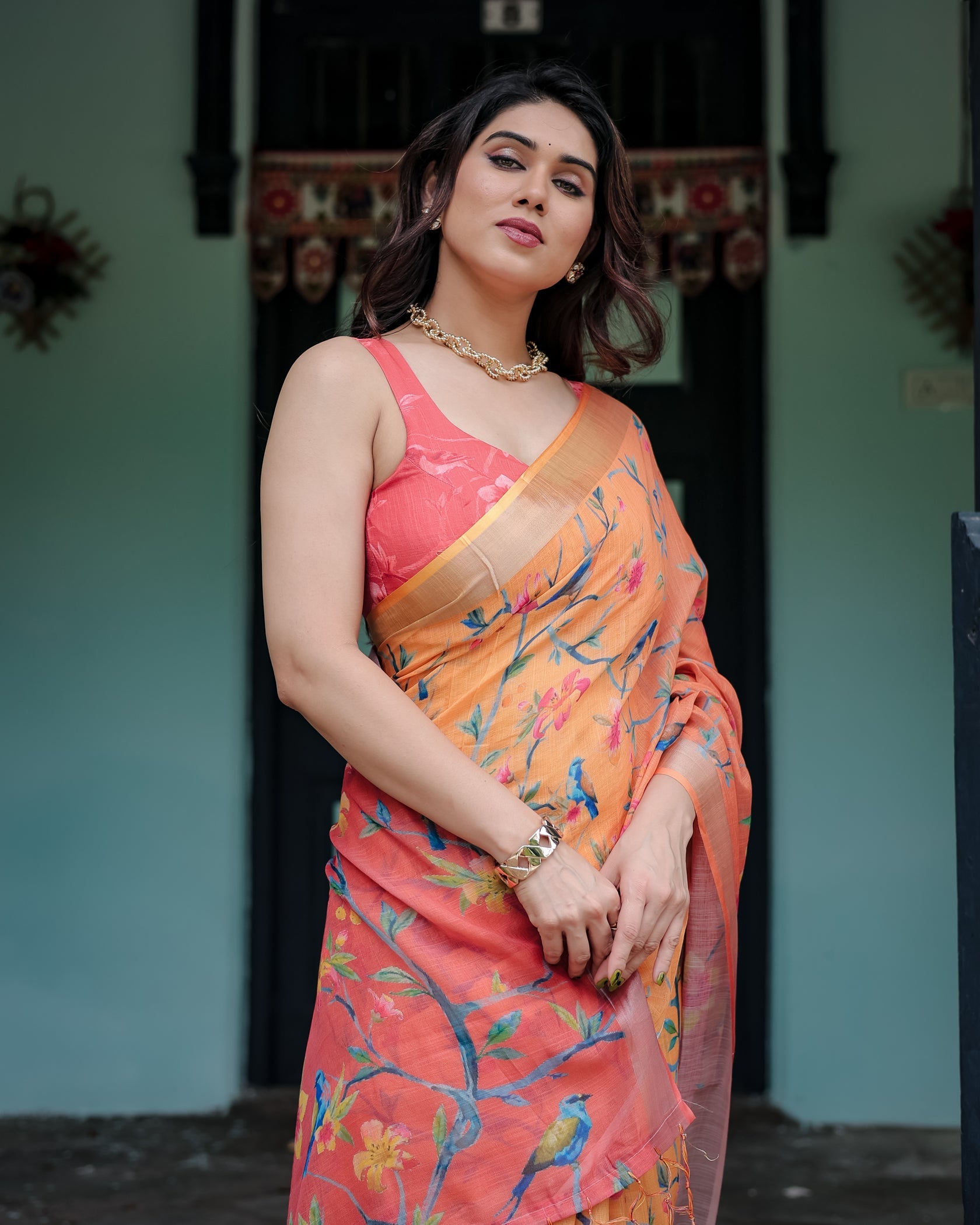 Rustic Bloom Printed Linen Saree in Peach Orange with Contrast Pallu